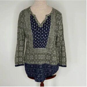 Lucky Brand Boho Print Split Neck Popover Blue and Olive Long Sleeve Size Large